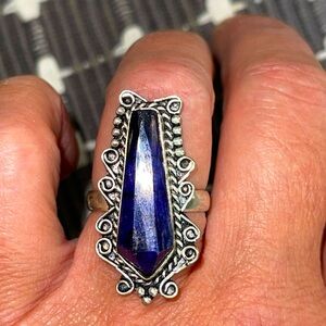 Sliced genuine boho blue sapphire silver ring